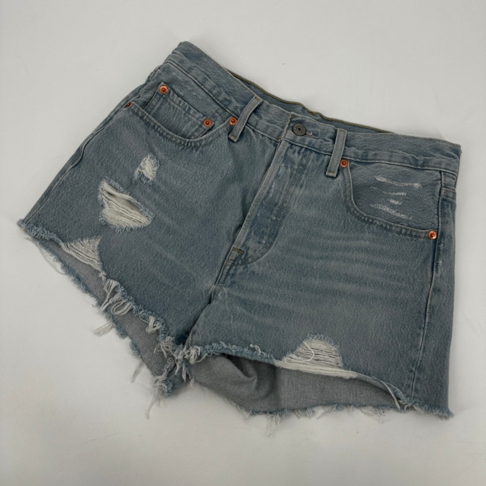 Levis Premium 501 Distressed Denim Shorts Womens Light Wash W27 Big E Festival